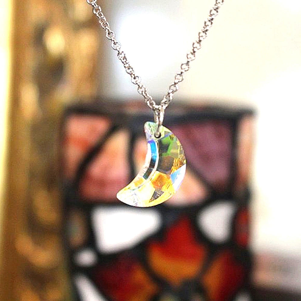 🌙 Aurora Borealis Crescent Moon Rainbow Crystal Necklace 🌙